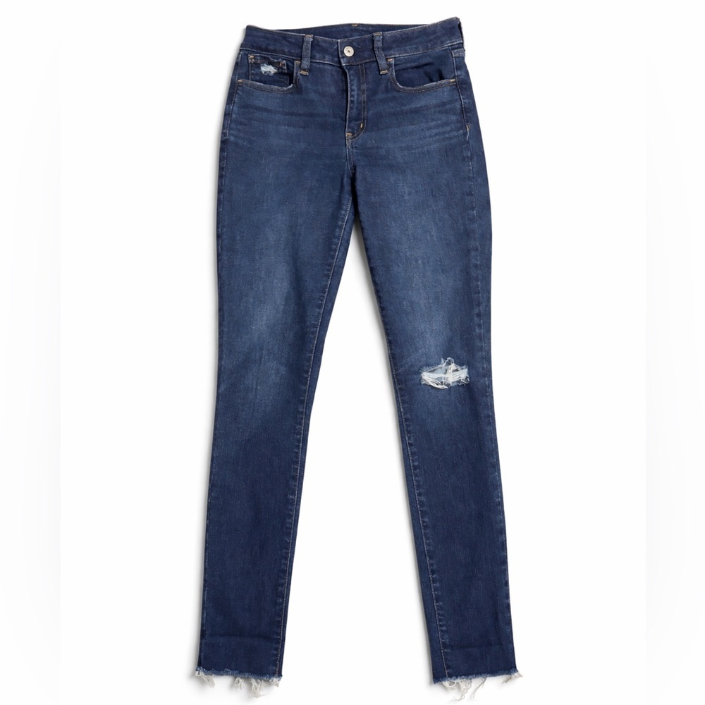 GAP Mid Rise Skinny Jeans Dark Wash Distressed Raw Hem Size 27 4R